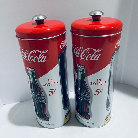Coca-Cola Red and White Holder/Dispenser Tin Drinking Straw Canisters - Picture 3 of 10